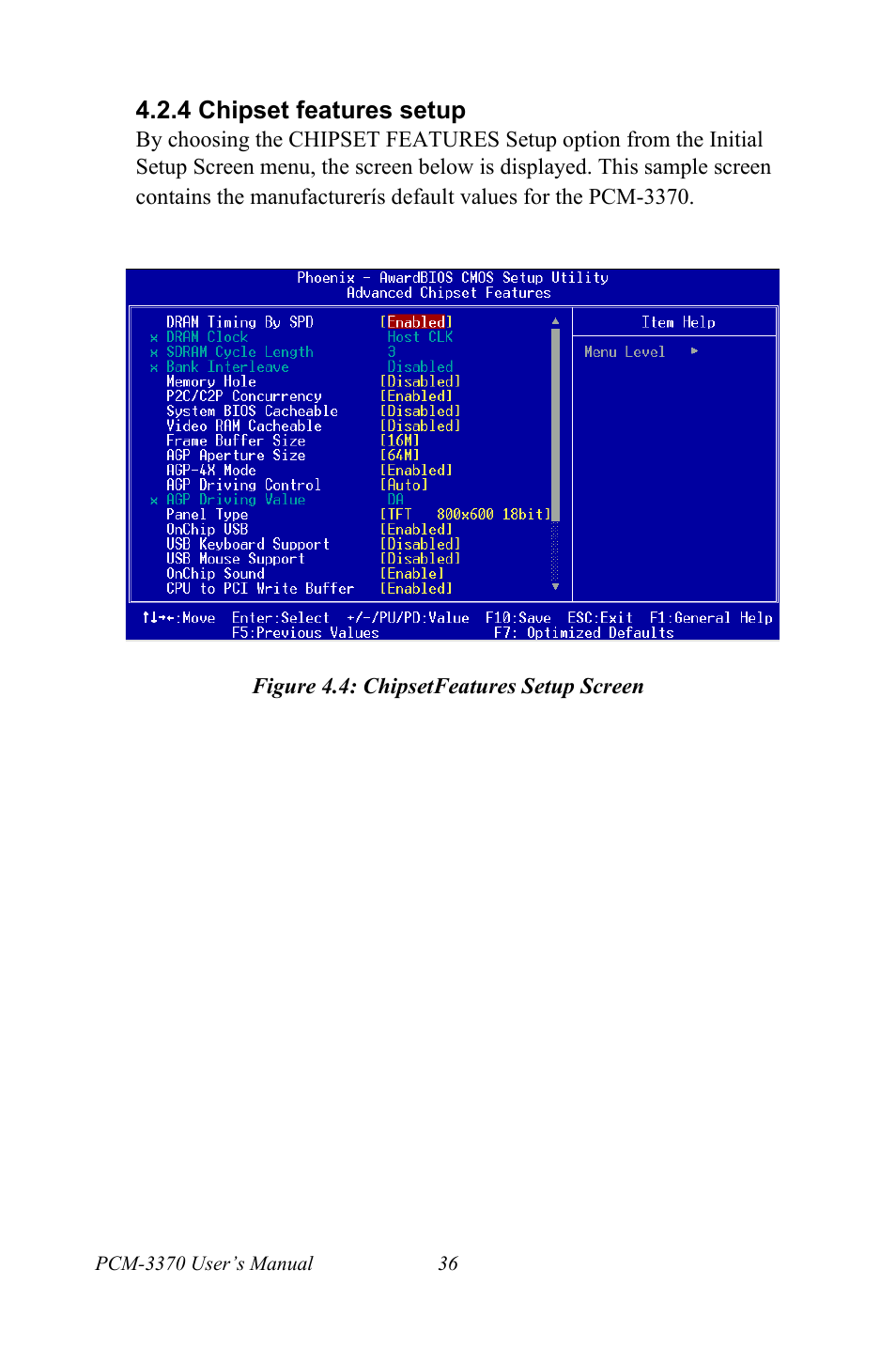 4 chipset features setup, Figure 4.4: chipsetfeatures setup screen | Intel PCM-3370 User Manual | Page 48 / 128