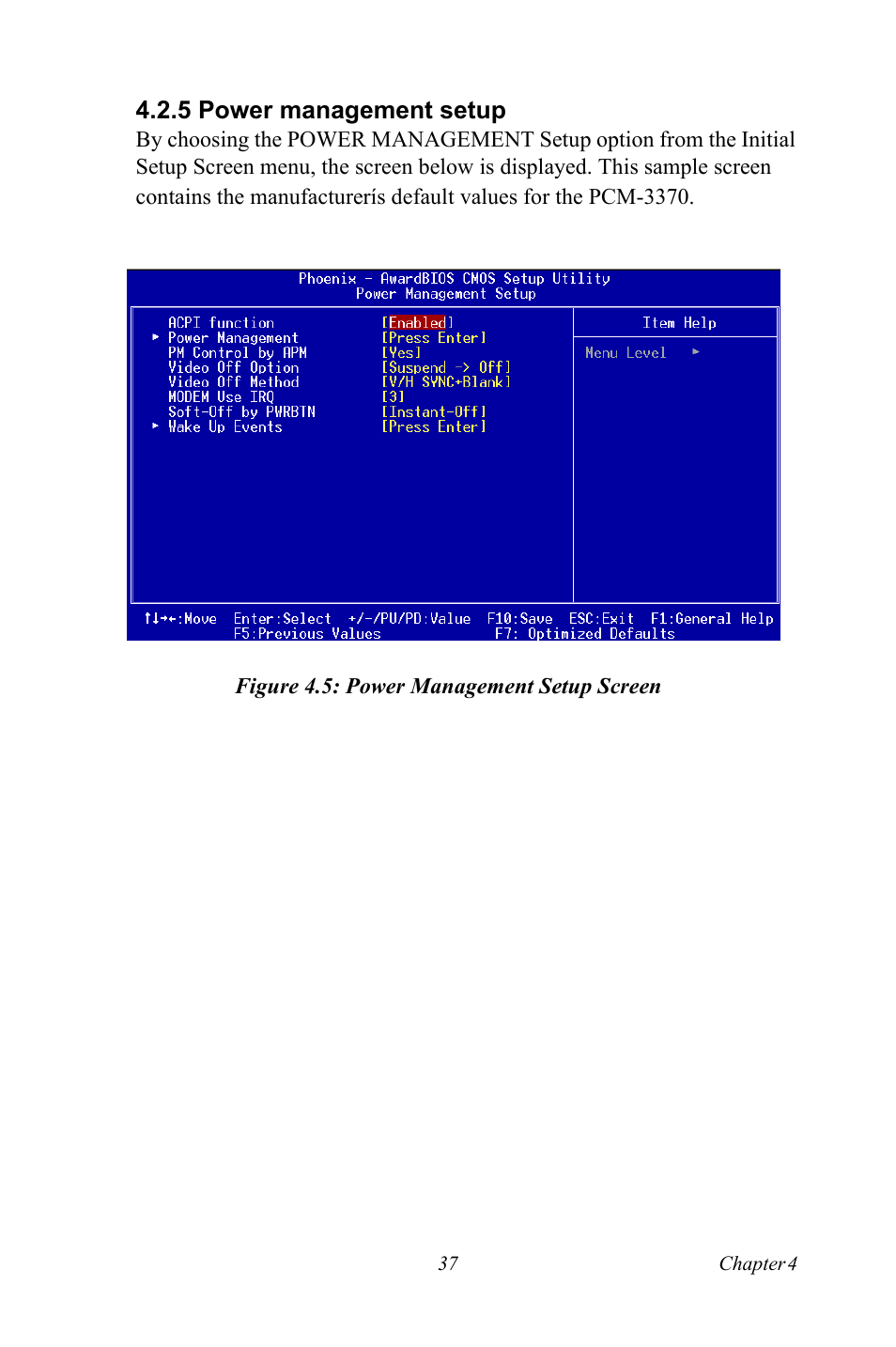 5 power management setup, Figure 4.5: power management setup screen | Intel PCM-3370 User Manual | Page 49 / 128