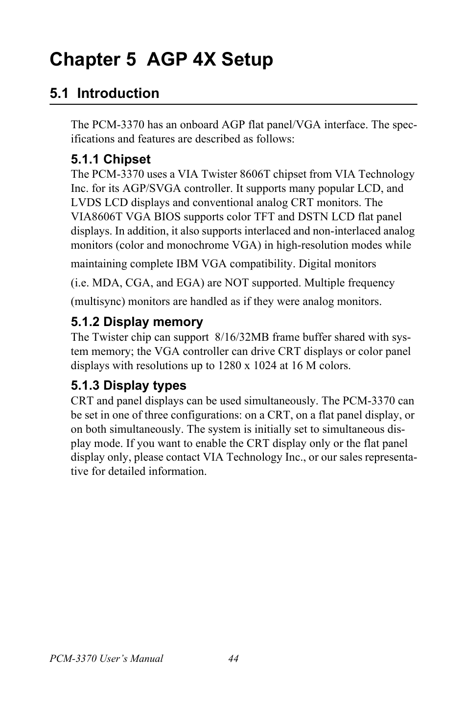 Chapter 5 agp 4x setup, 1 introduction, 1 chipset | 2 display memory, 3 display types, Chapter, 5 agp 4x setup, Introduction, Chipset, Display memory | Intel PCM-3370 User Manual | Page 56 / 128