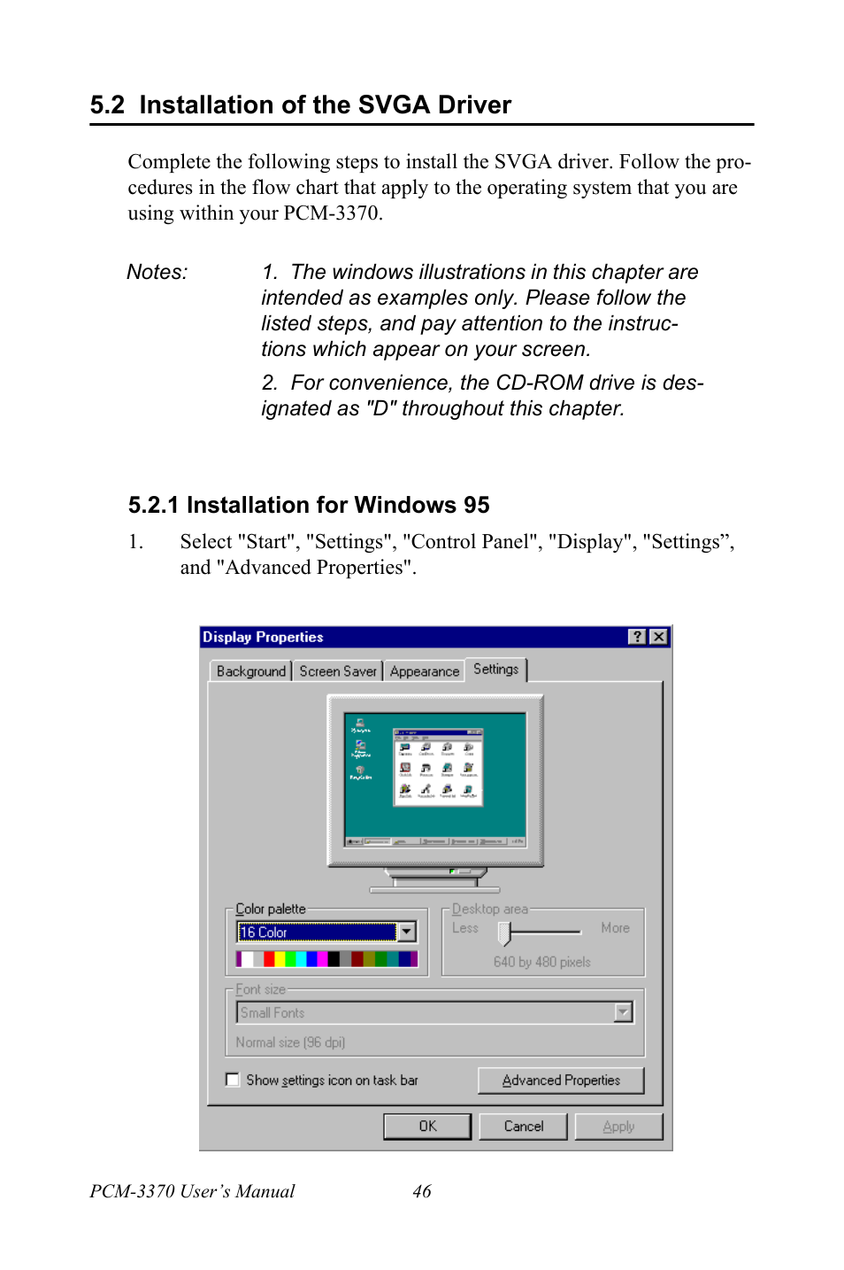 2 installation of the svga driver, 1 installation for windows 95, Installation of the svga driver | Installation for windows 95 | Intel PCM-3370 User Manual | Page 58 / 128