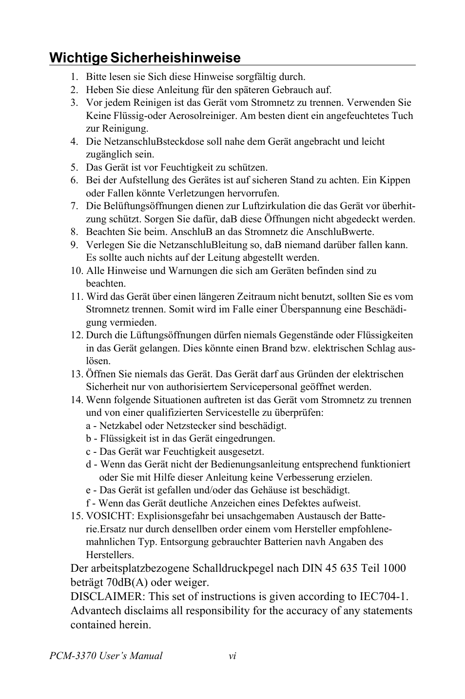 Wichtige sicherheishinweise | Intel PCM-3370 User Manual | Page 6 / 128