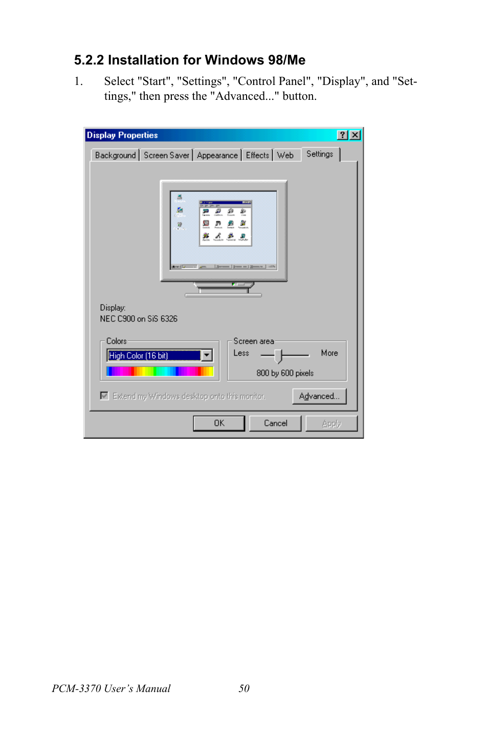 2 installation for windows 98/me, Installation for windows 98/me | Intel PCM-3370 User Manual | Page 62 / 128