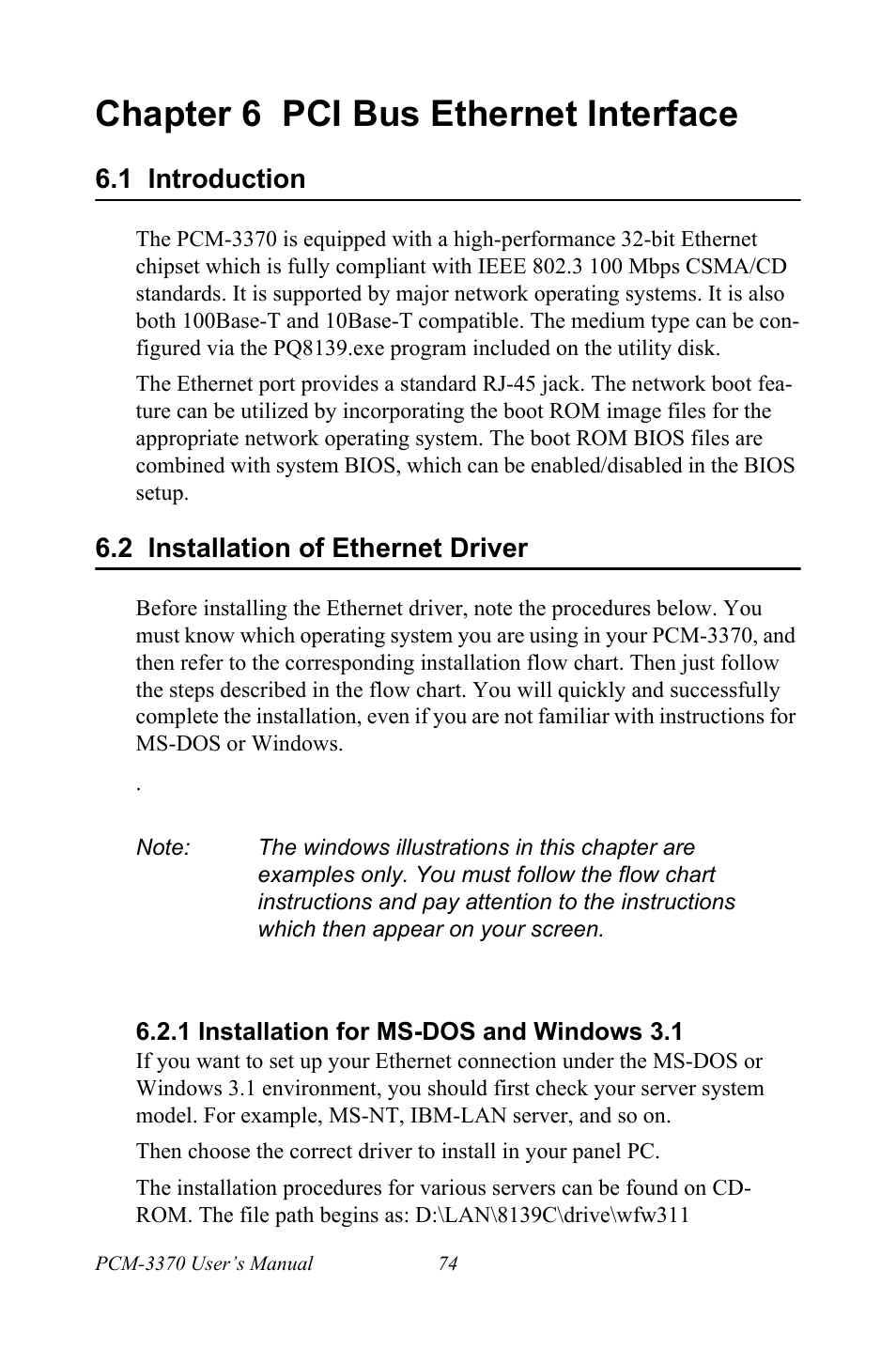 Chapter 6 pci bus ethernet interface, 1 introduction, 2 installation of ethernet driver | 1 installation for ms-dos and windows 3.1, Chapter, 6 pci bus ethernet interface, Introduction, Installation of ethernet driver, Installation for ms-dos and windows 3.1 | Intel PCM-3370 User Manual | Page 86 / 128