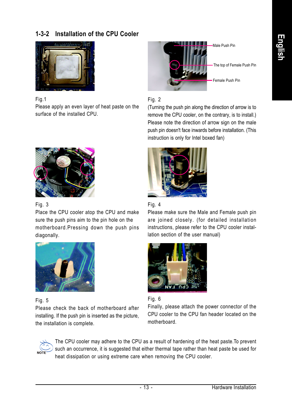 English, 3-2 installation of the cpu cooler | Intel GA-945P-DS3/S3 User Manual | Page 13 / 72