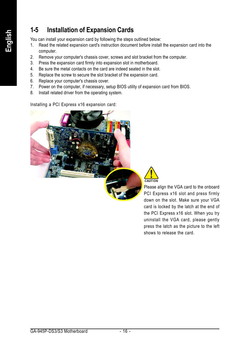 English, 5 installation of expansion cards | Intel GA-945P-DS3/S3 User Manual | Page 16 / 72