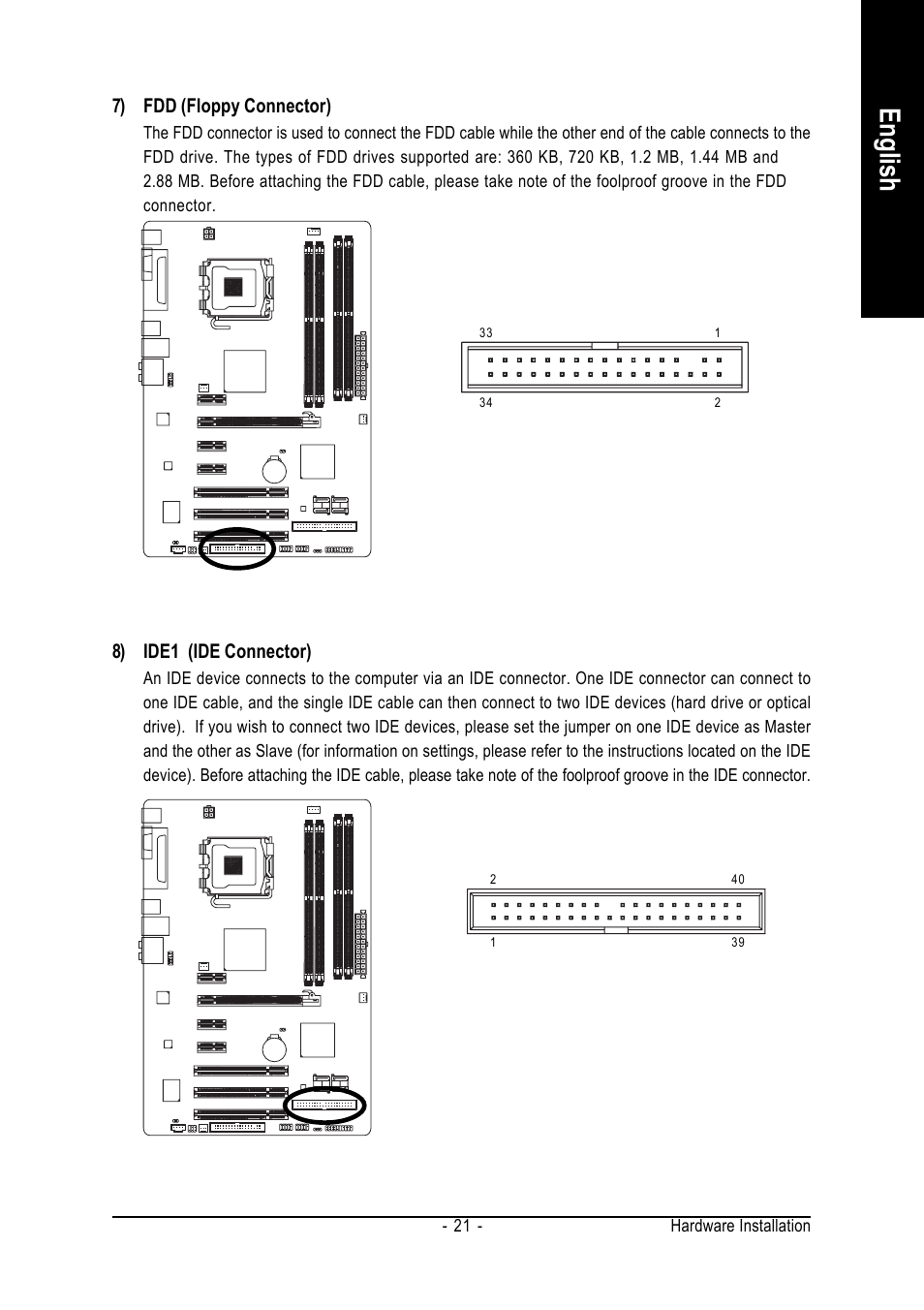 English, 7) fdd (floppy connector), 8) ide1 (ide connector) | Intel GA-945P-DS3/S3 User Manual | Page 21 / 72