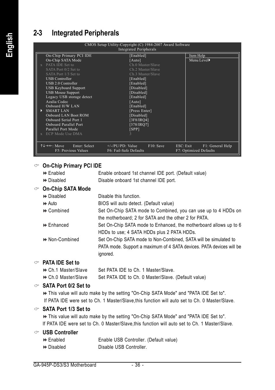 English, 3 integrated peripherals, On-chip primary pci ide | On-chip sata mode, Pata ide set to, Sata port 0/2 set to, Sata port 1/3 set to, Usb controller | Intel GA-945P-DS3/S3 User Manual | Page 36 / 72