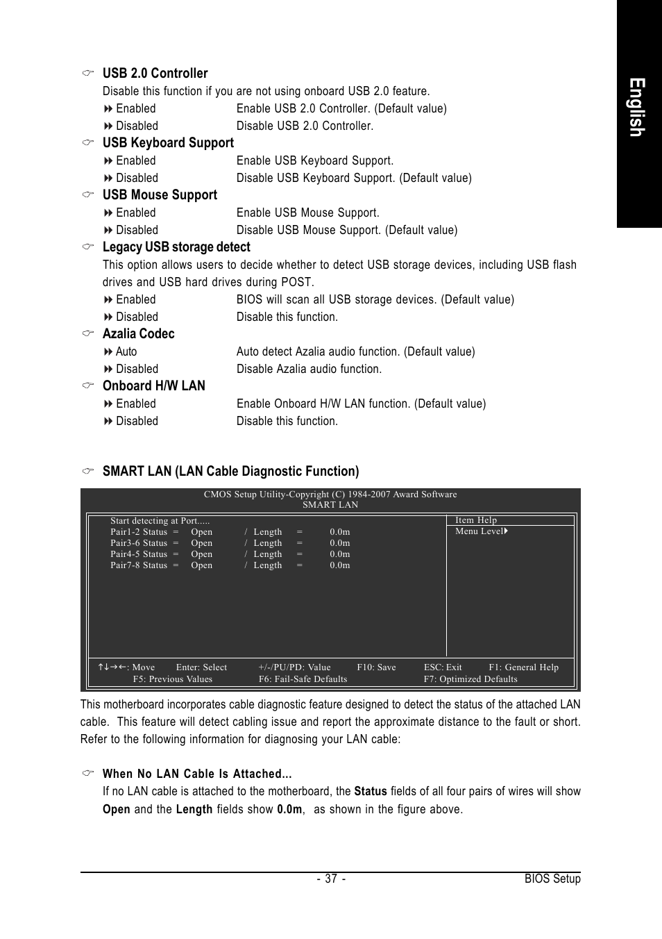 English, Usb 2.0 controller, Usb keyboard support | Usb mouse support, Legacy usb storage detect, Azalia codec, Onboard h/w lan, Smart lan (lan cable diagnostic function) | Intel GA-945P-DS3/S3 User Manual | Page 37 / 72