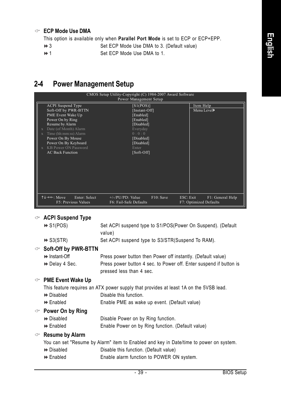 English, 4 power management setup, Ecp mode use dma | Acpi suspend type, Soft-off by pwr-bttn, Pme event wake up, Power on by ring, Resume by alarm | Intel GA-945P-DS3/S3 User Manual | Page 39 / 72