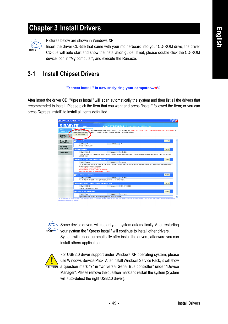 Chapter 3 install drivers, En glish, 1 install chipset drivers | Intel GA-945P-DS3/S3 User Manual | Page 49 / 72