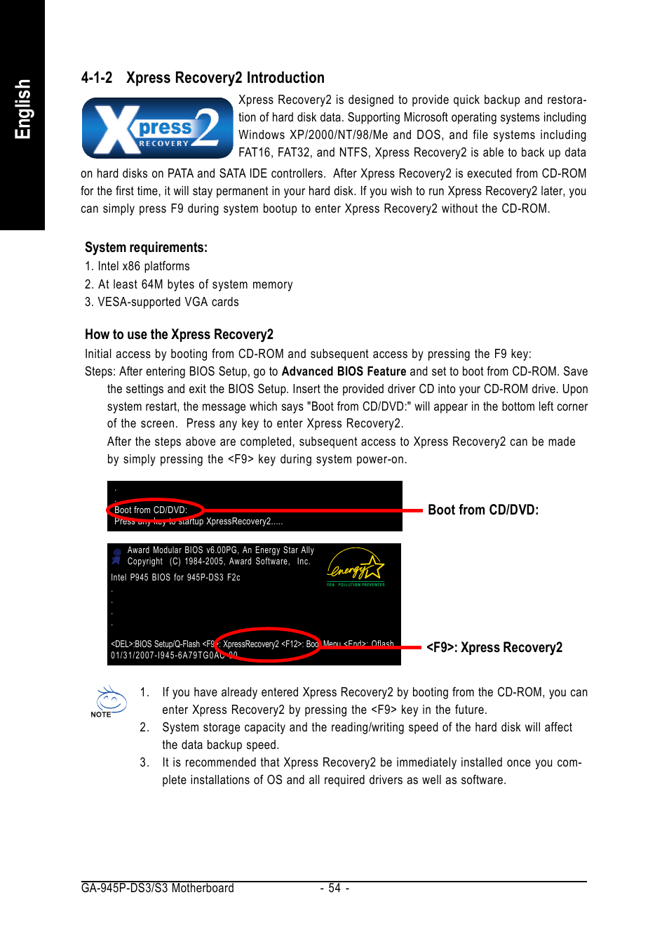 En glish, 1-2 xpress recovery2 introduction | Intel GA-945P-DS3/S3 User Manual | Page 54 / 72