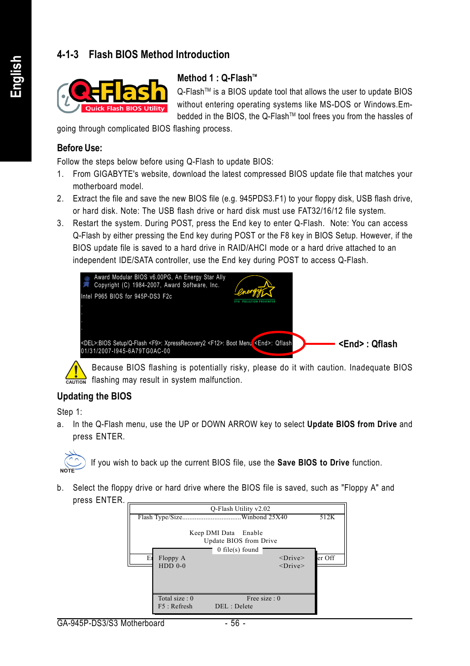 En glish, 1-3 flash bios method introduction, Before use | Method 1 : q-flash, End> : qflash, Updating the bios | Intel GA-945P-DS3/S3 User Manual | Page 56 / 72