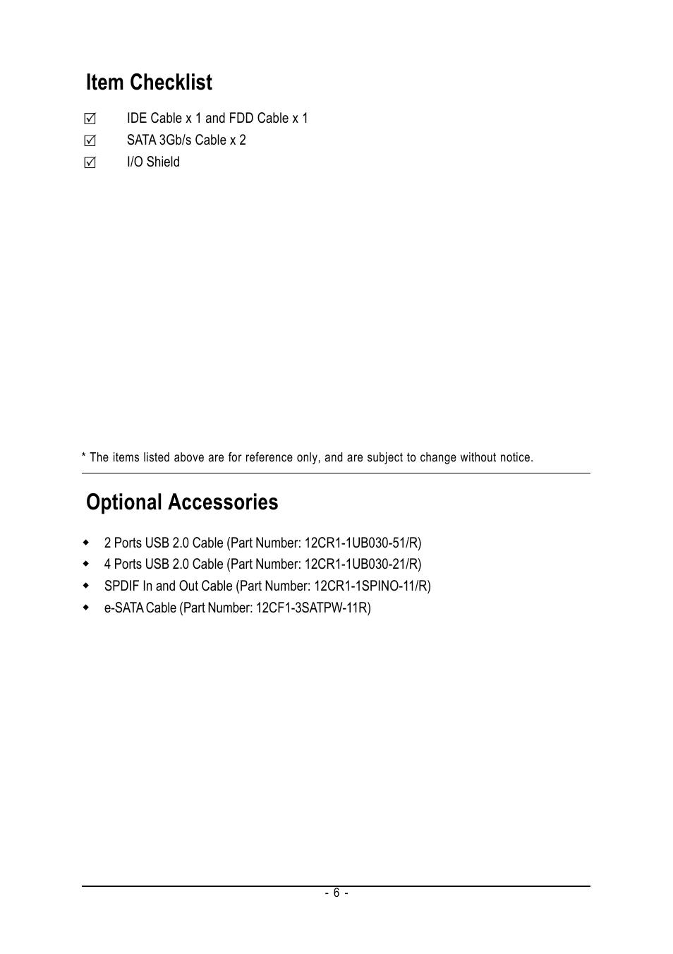 Item checklist, Optional accessories | Intel GA-945P-DS3/S3 User Manual | Page 6 / 72