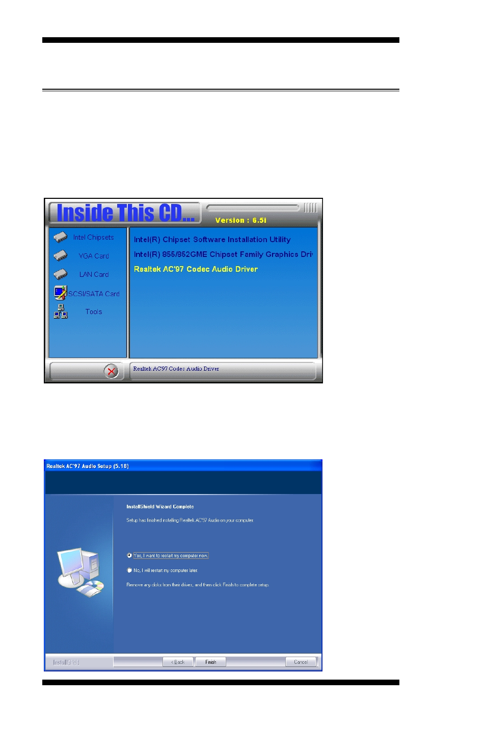 Ac97 codec audio driver installation, Click realtek ac'97 codec audio driver | Intel MB875 User Manual | Page 52 / 66