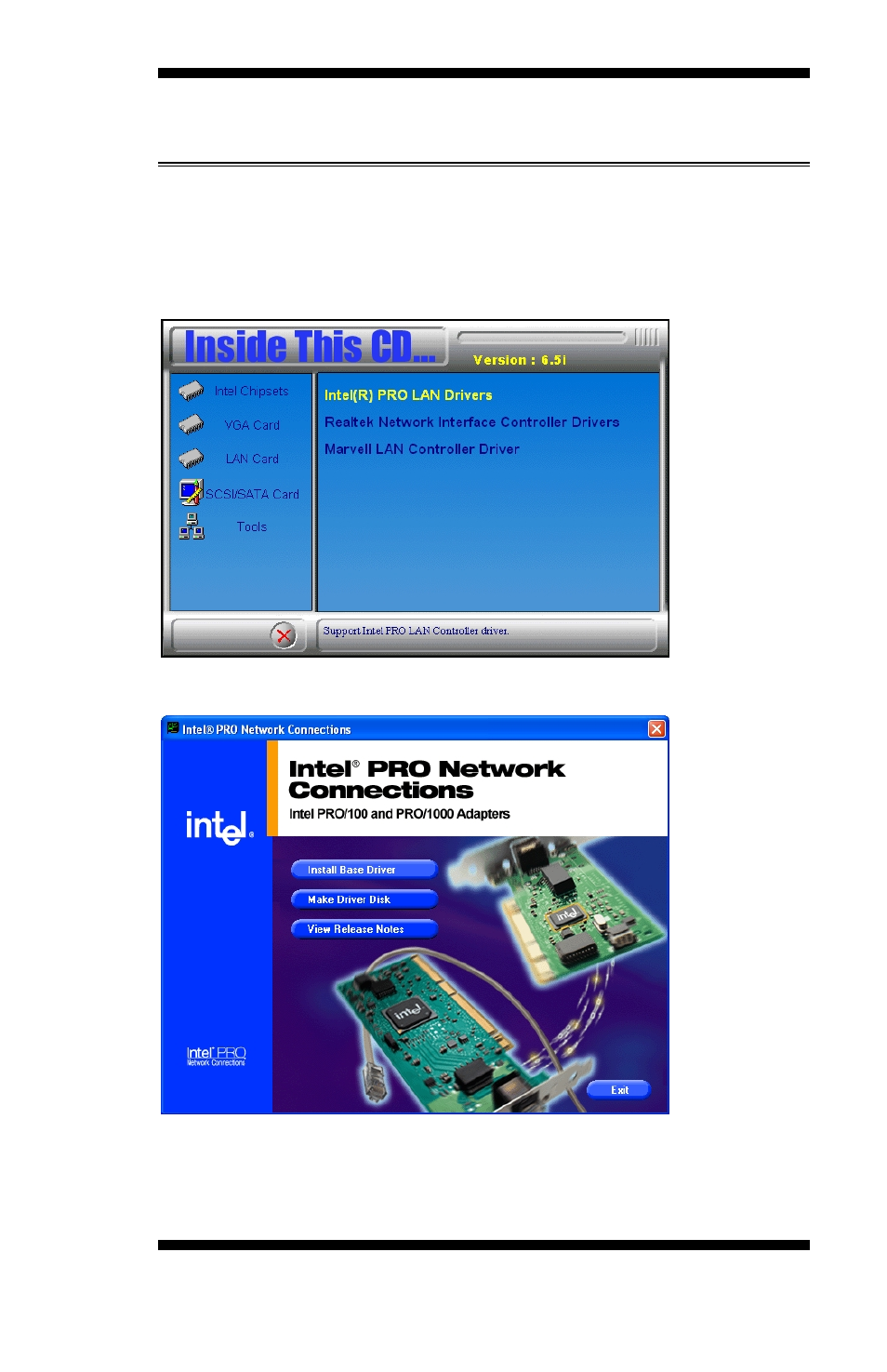 Intel pro lan drivers installation, Click install base software to continue, Drivers installation | Intel MB875 User Manual | Page 53 / 66