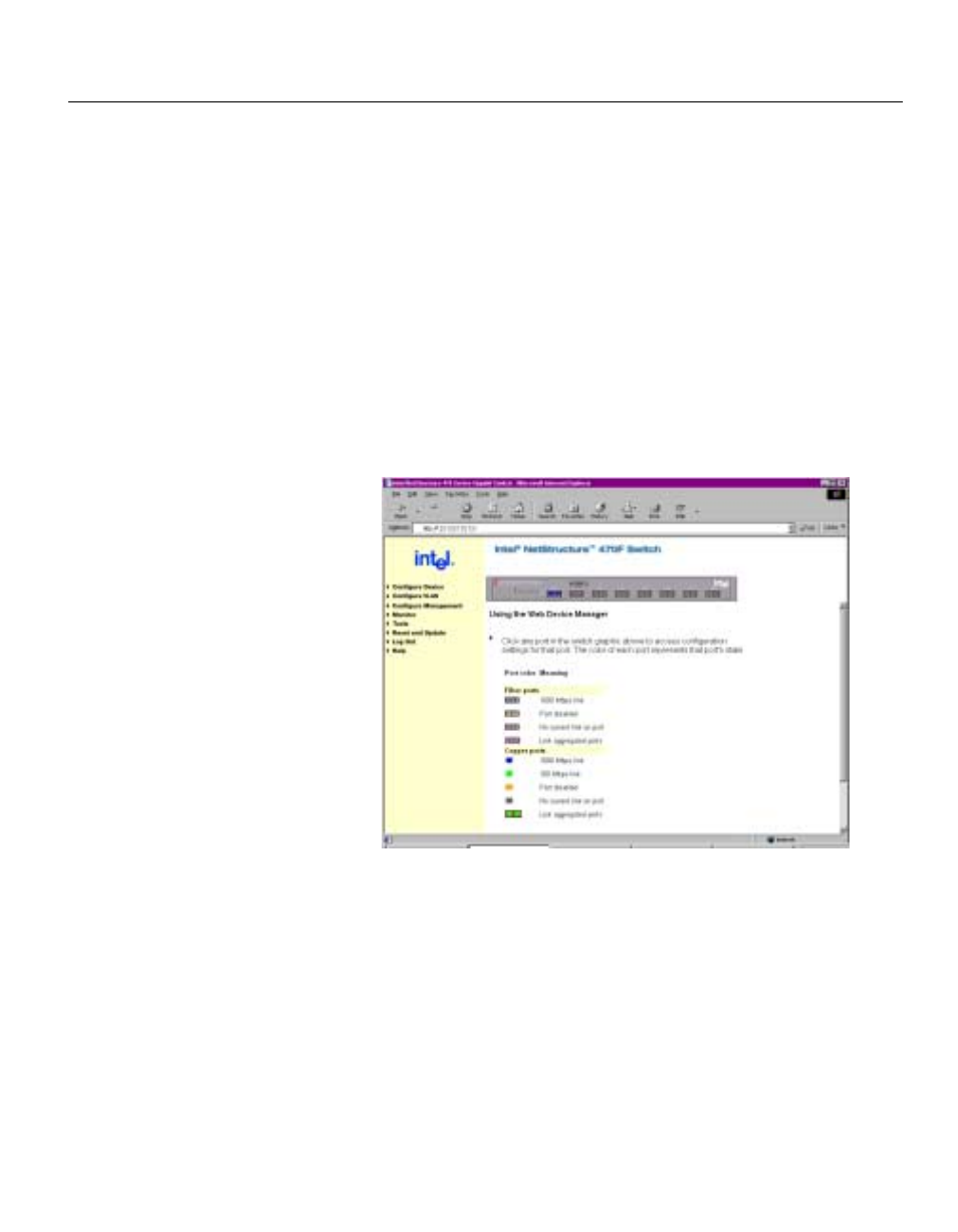 Accessing the web device manager, Navigating the web device manager | Intel NetStructure 470 User Manual | Page 34 / 155