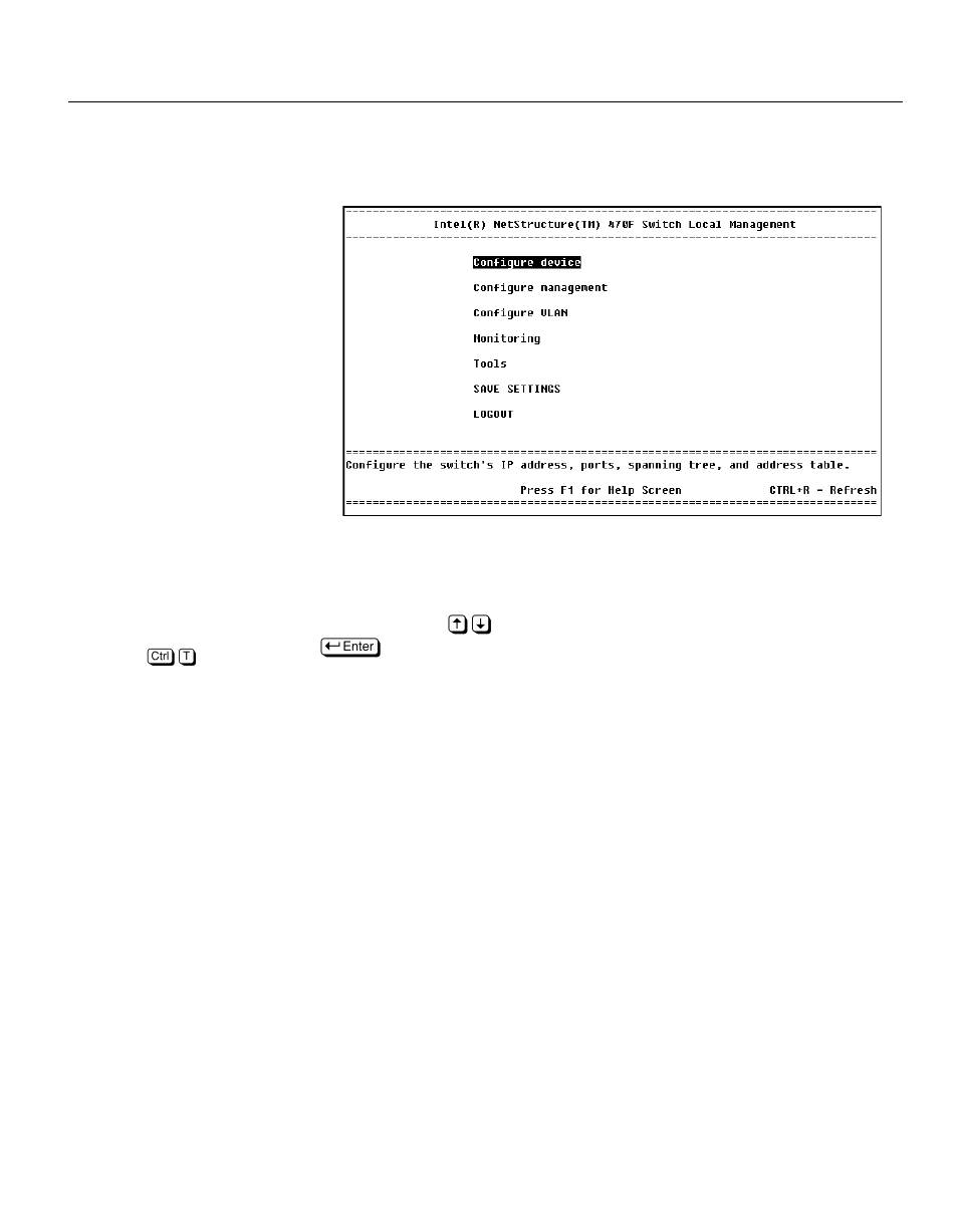 Main menu (top screen), Description | Intel NetStructure 470 User Manual | Page 58 / 155