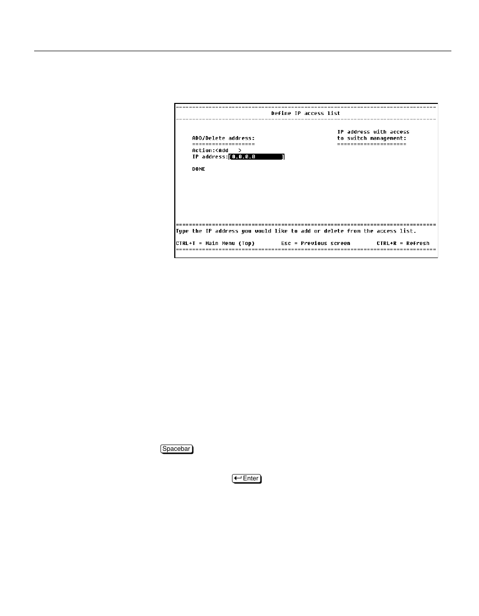 Define ip access list, Description | Intel NetStructure 470 User Manual | Page 86 / 155