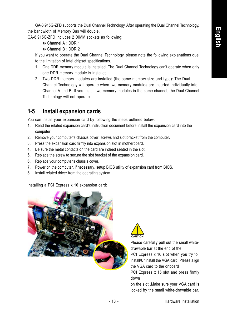 English, 5 install expansion cards | Intel GA-8I915G-ZFD User Manual | Page 13 / 72