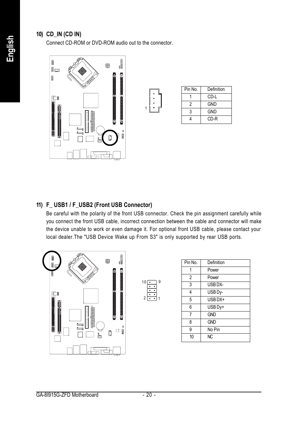 English, 10) cd_in (cd in), 11) f_ usb1 / f_usb2 (front usb connector) | Intel GA-8I915G-ZFD User Manual | Page 20 / 72