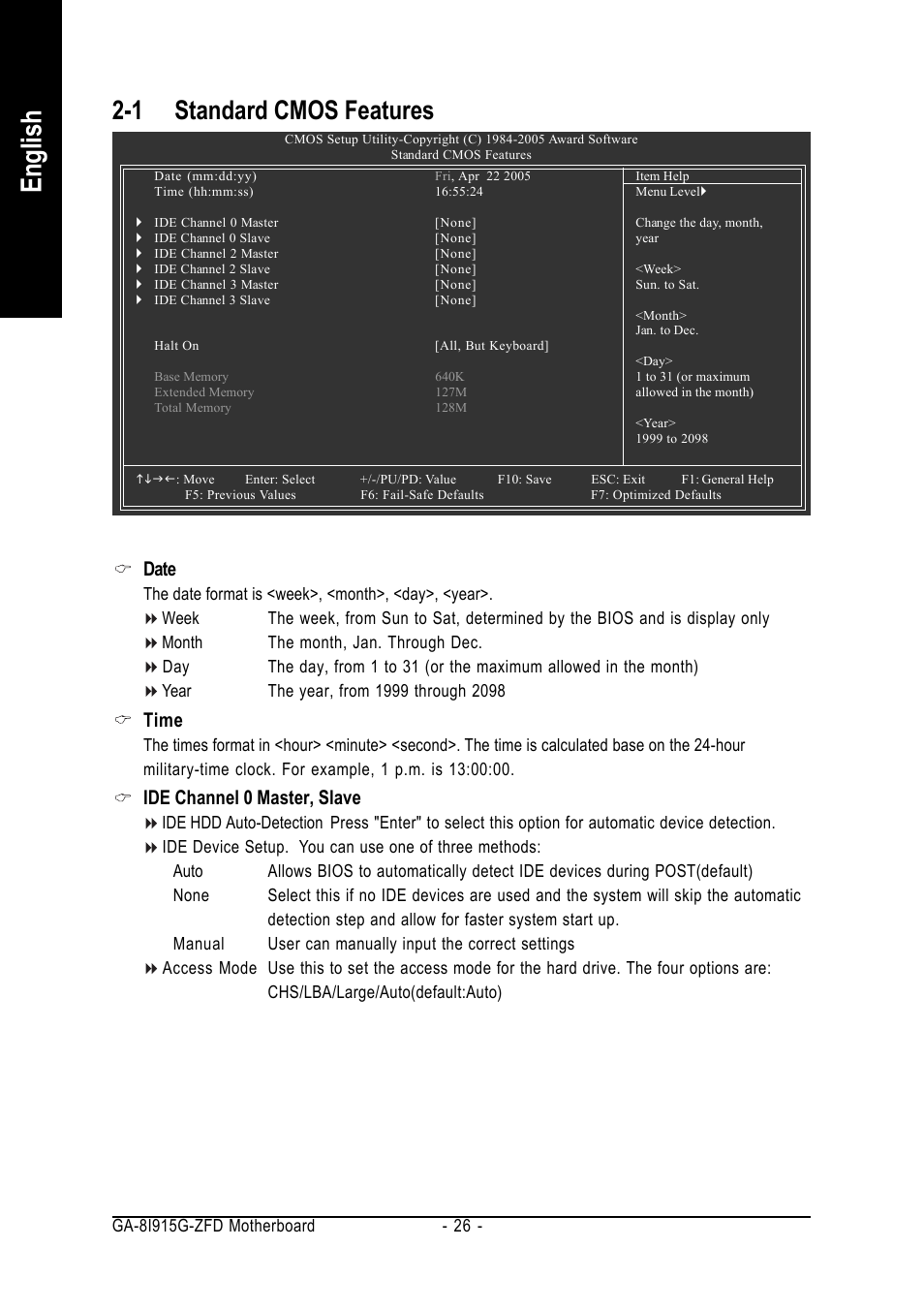 English, 1 standard cmos features, Date | Time, Ide channel 0 master, slave | Intel GA-8I915G-ZFD User Manual | Page 26 / 72