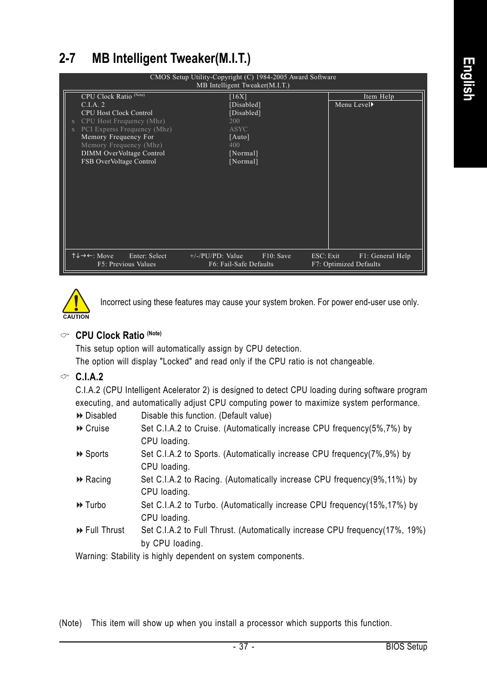 English, 7 mb intelligent tweaker(m.i.t.), Cpu clock ratio | C.i.a.2 | Intel GA-8I915G-ZFD User Manual | Page 37 / 72