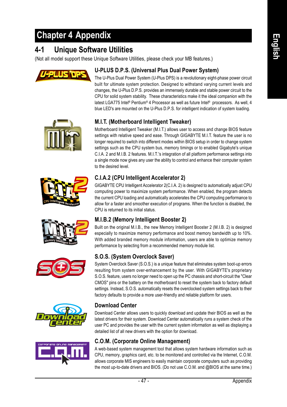 Chapter 4 appendix, English, 1 unique software utilities | Intel GA-8I915G-ZFD User Manual | Page 47 / 72