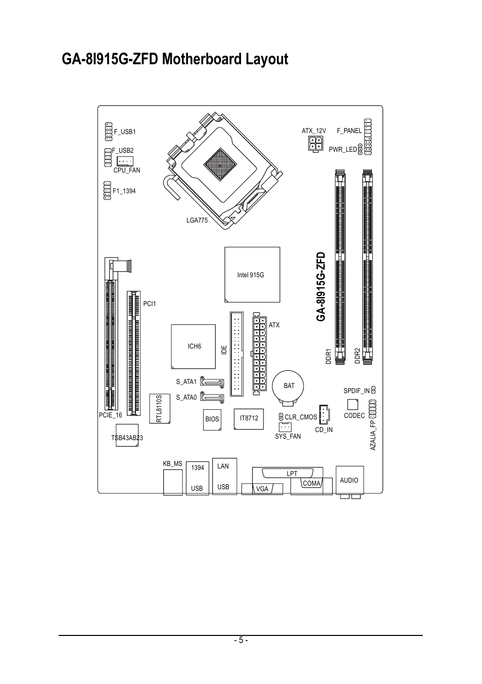 Ga-8i915g-zfd motherboard layout, Ga-8i915g-zfd | Intel GA-8I915G-ZFD User Manual | Page 5 / 72