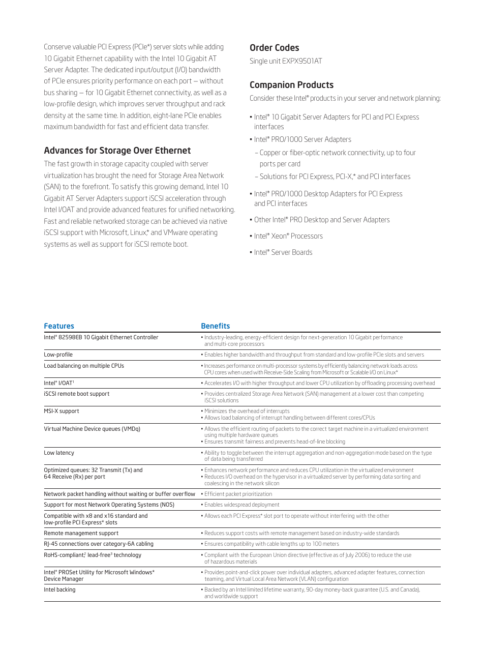 Advances for storage over ethernet, Order codes, Companion products | Intel 10 Gigabit AT Ethernet Server Adapter User Manual | Page 2 / 4