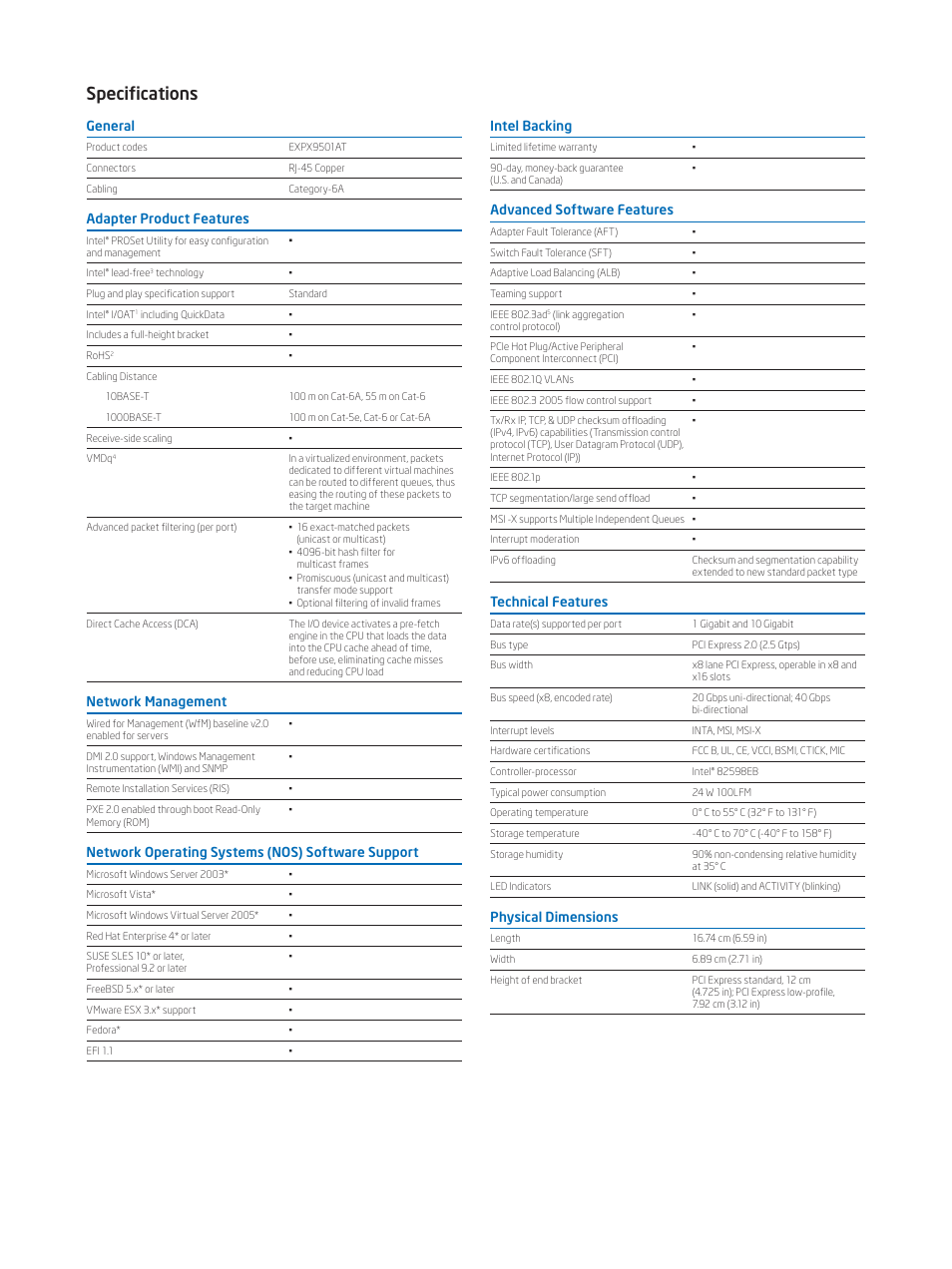 Specifications | Intel 10 Gigabit AT Ethernet Server Adapter User Manual | Page 3 / 4