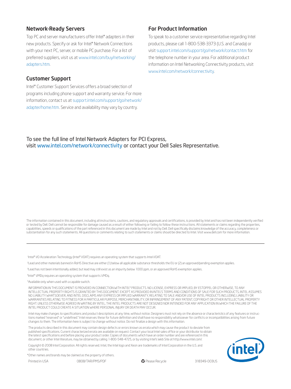 Customer support, For product information | Intel 10 Gigabit AT Ethernet Server Adapter User Manual | Page 4 / 4