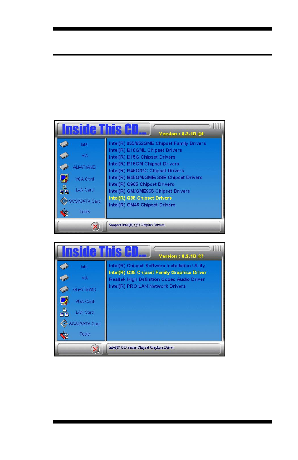 Vga drivers installation, Click intel(r) q35 chipset family graphics driver | Intel MB935 User Manual | Page 49 / 66