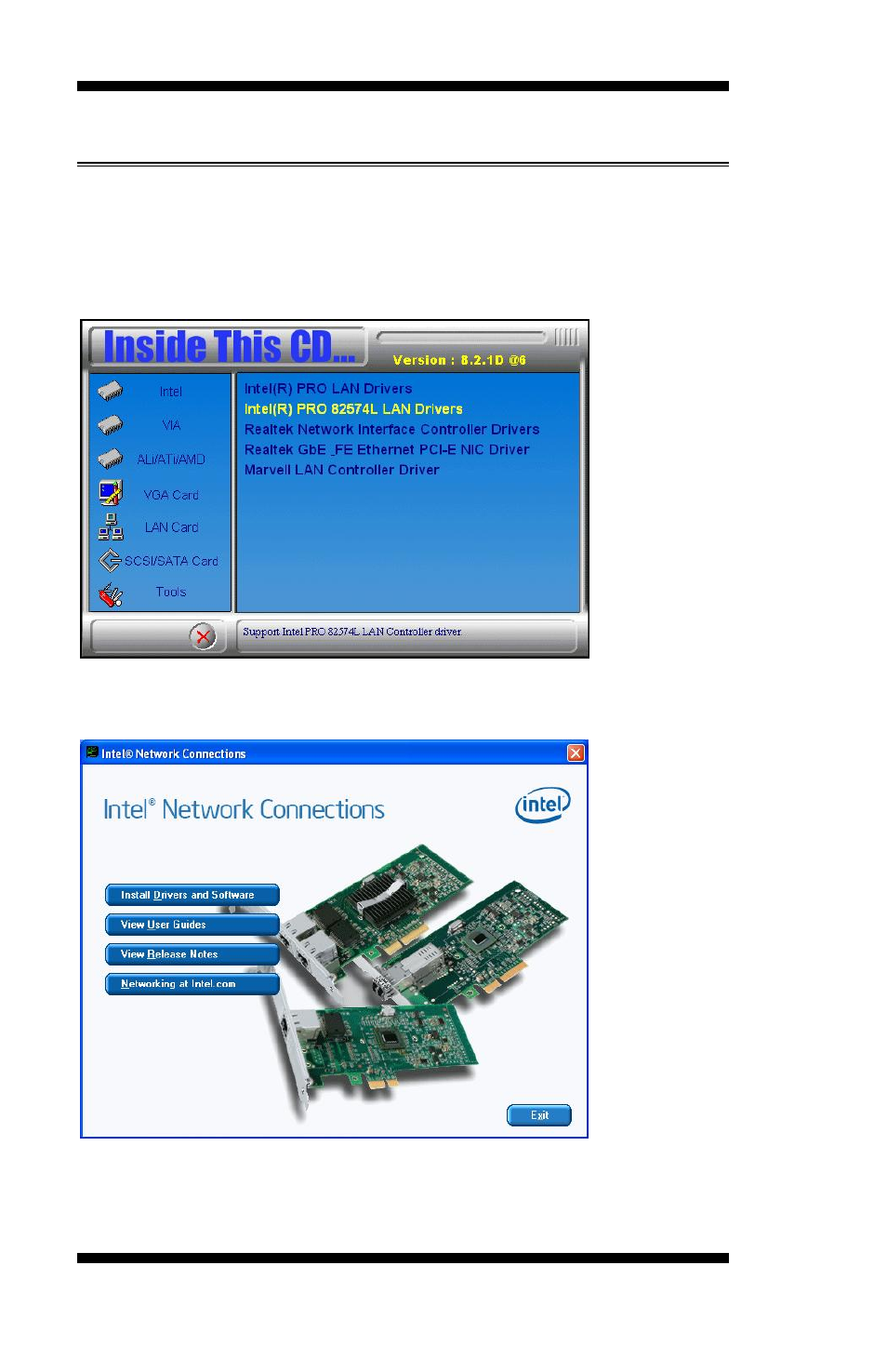 Intel pro lan drivers installation, Click next to to agree with the license agreement | Intel MB935 User Manual | Page 54 / 66