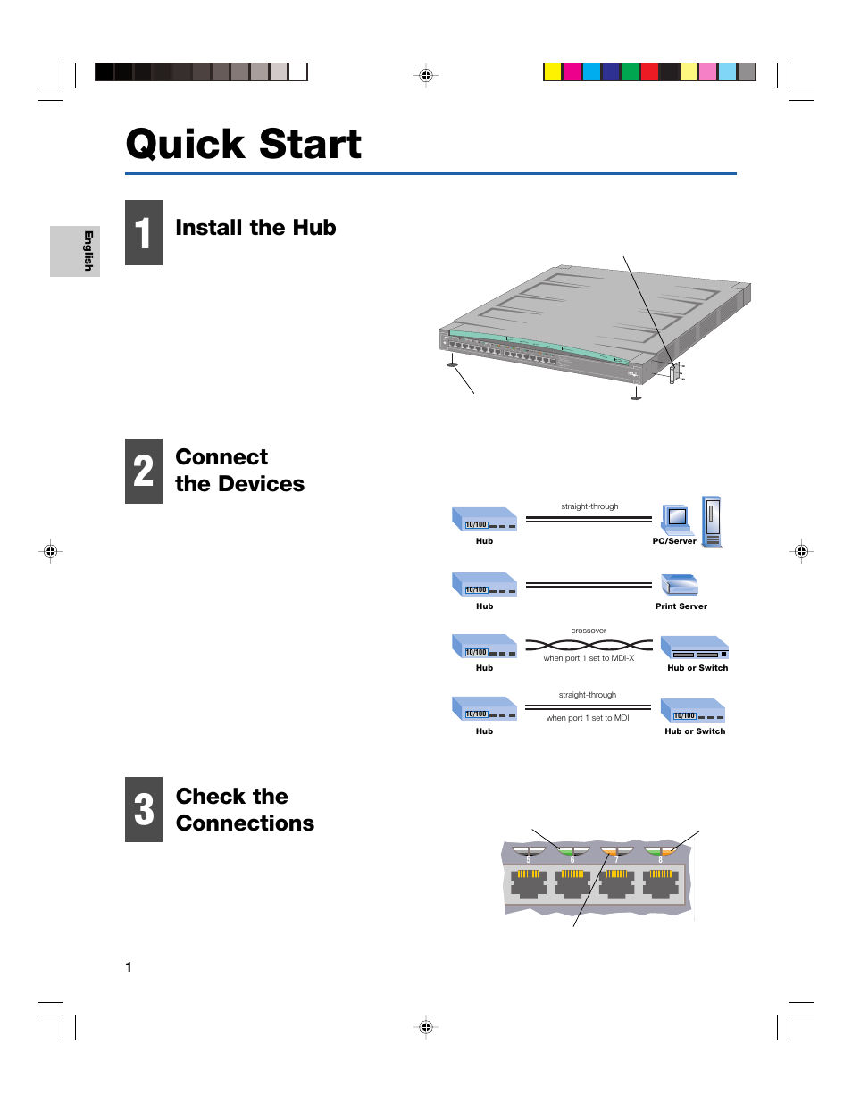 2quick start, Install the hub check the connections, Connect the devices | Intel EXPRESS 330T User Manual | Page 2 / 16
