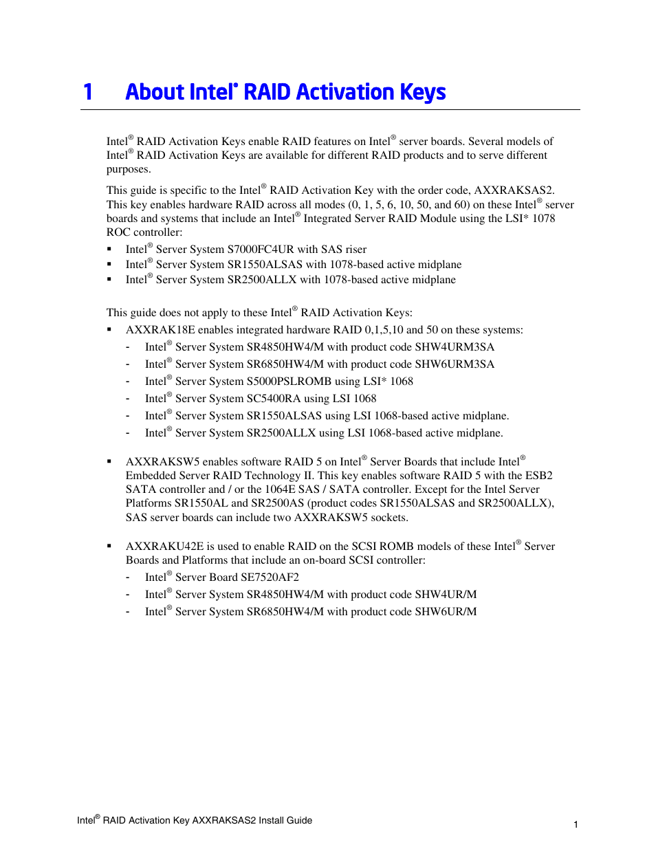 1 about intel, Raid activation keys | Intel AXXRAKSAS2 User Manual | Page 5 / 9