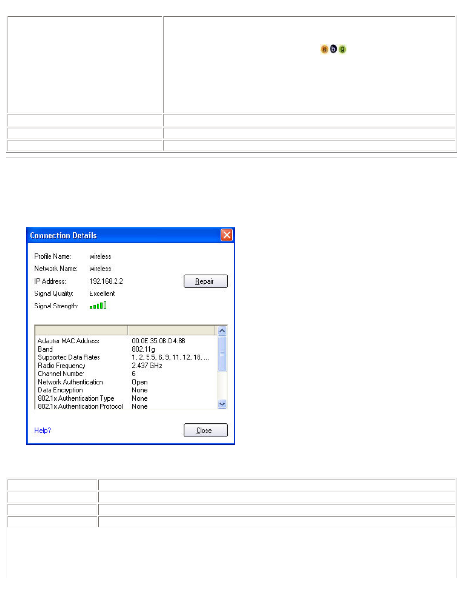 Connection details, Connection status, Signal quality, speed and current network name) | Details, Button | Intel 3945ABG User Manual | Page 12 / 180