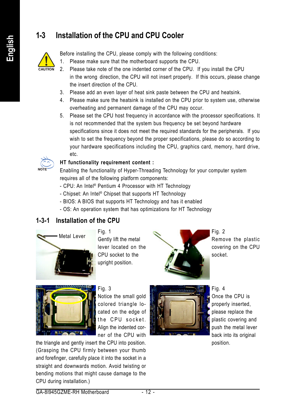 English, 3 installation of the cpu and cpu cooler | Intel GA-8I945GZME-RH User Manual | Page 12 / 80