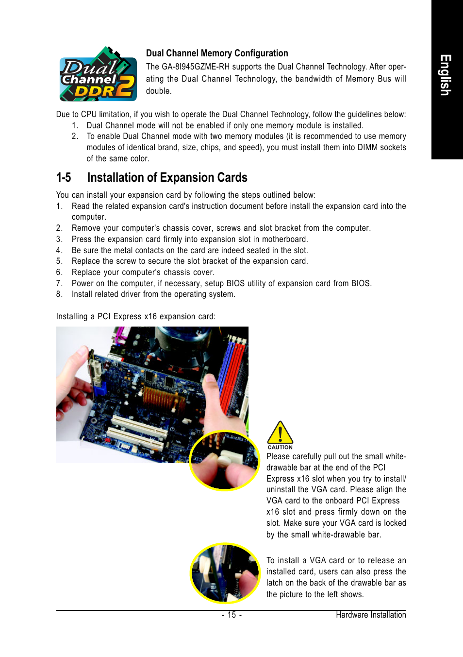 English, 5 installation of expansion cards | Intel GA-8I945GZME-RH User Manual | Page 15 / 80