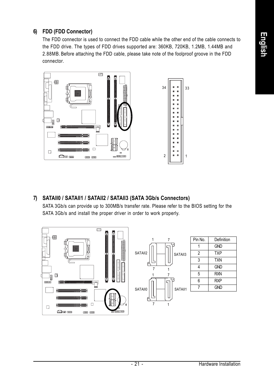 English, 6) fdd (fdd connector) | Intel GA-8I945GZME-RH User Manual | Page 21 / 80