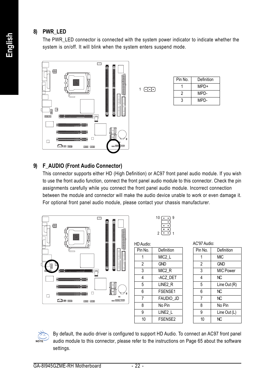 English, 8) pwr_led, 9) f_audio (front audio connector) | Intel GA-8I945GZME-RH User Manual | Page 22 / 80