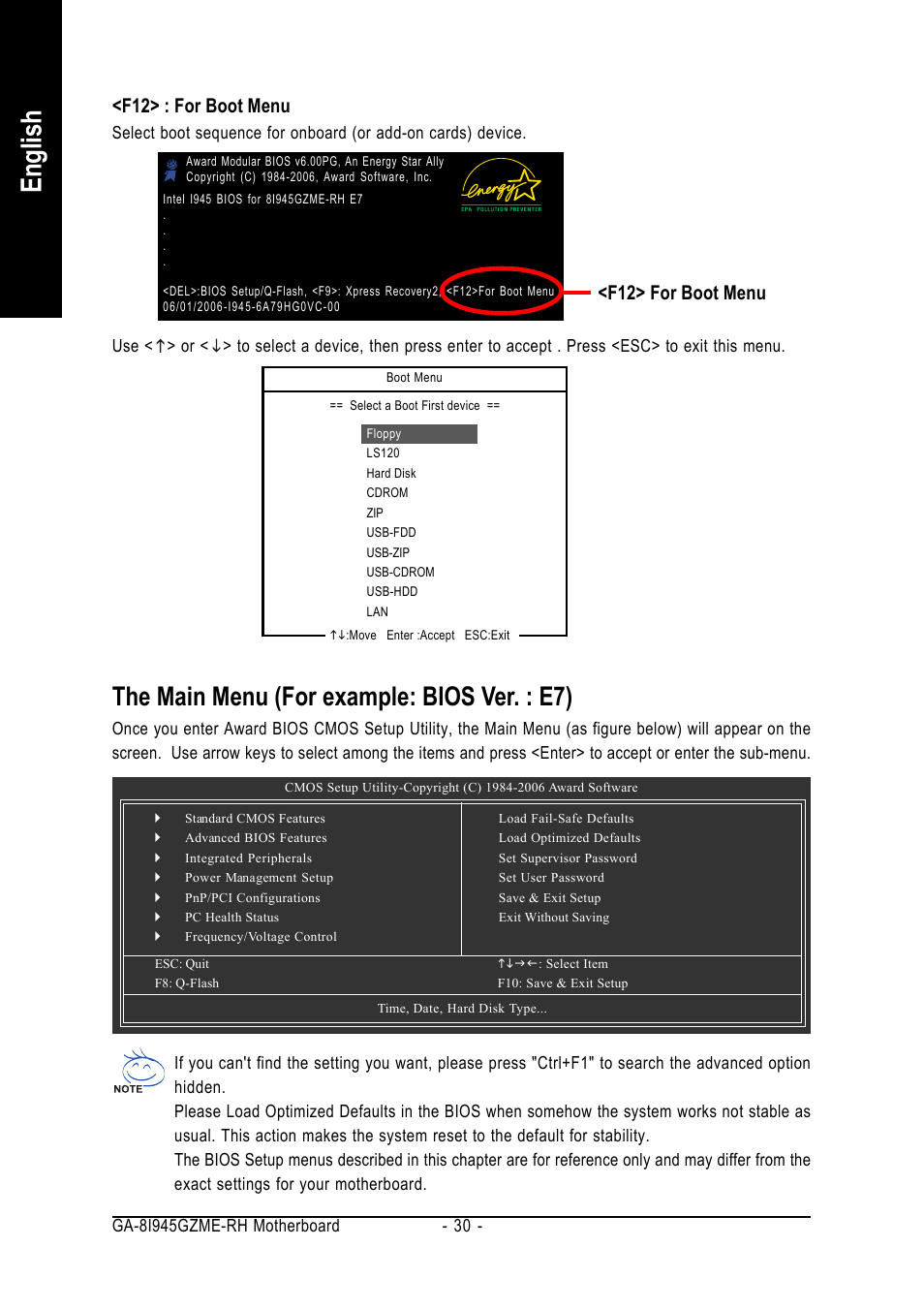 English, The main menu (for example: bios ver. : e7), F12> for boot menu | F12> : for boot menu | Intel GA-8I945GZME-RH User Manual | Page 30 / 80