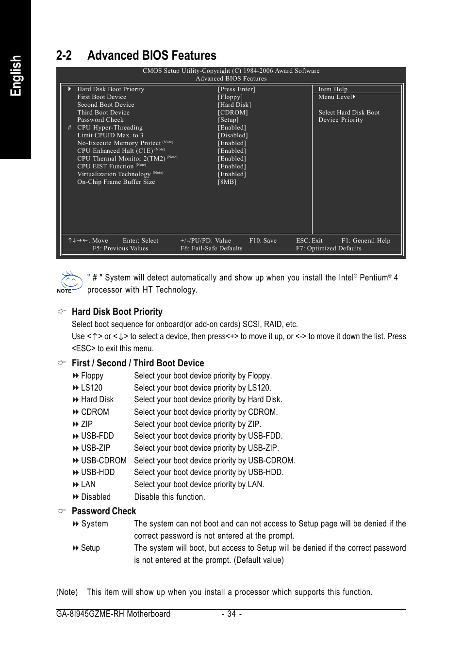 English, 2 advanced bios features, Hard disk boot priority | First / second / third boot device, Password check | Intel GA-8I945GZME-RH User Manual | Page 34 / 80