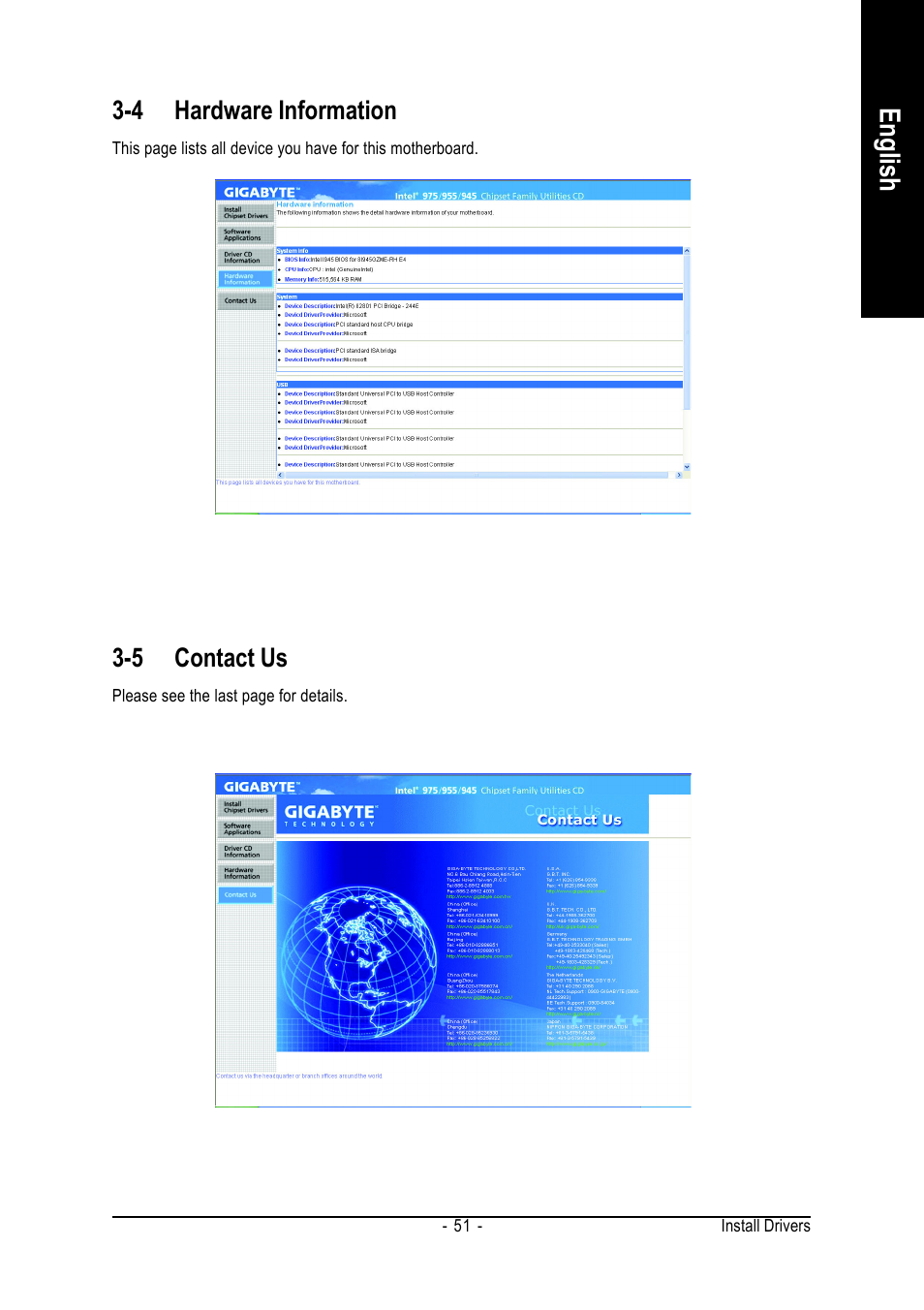 English, 4 hardware information, 5 contact us | Intel GA-8I945GZME-RH User Manual | Page 51 / 80