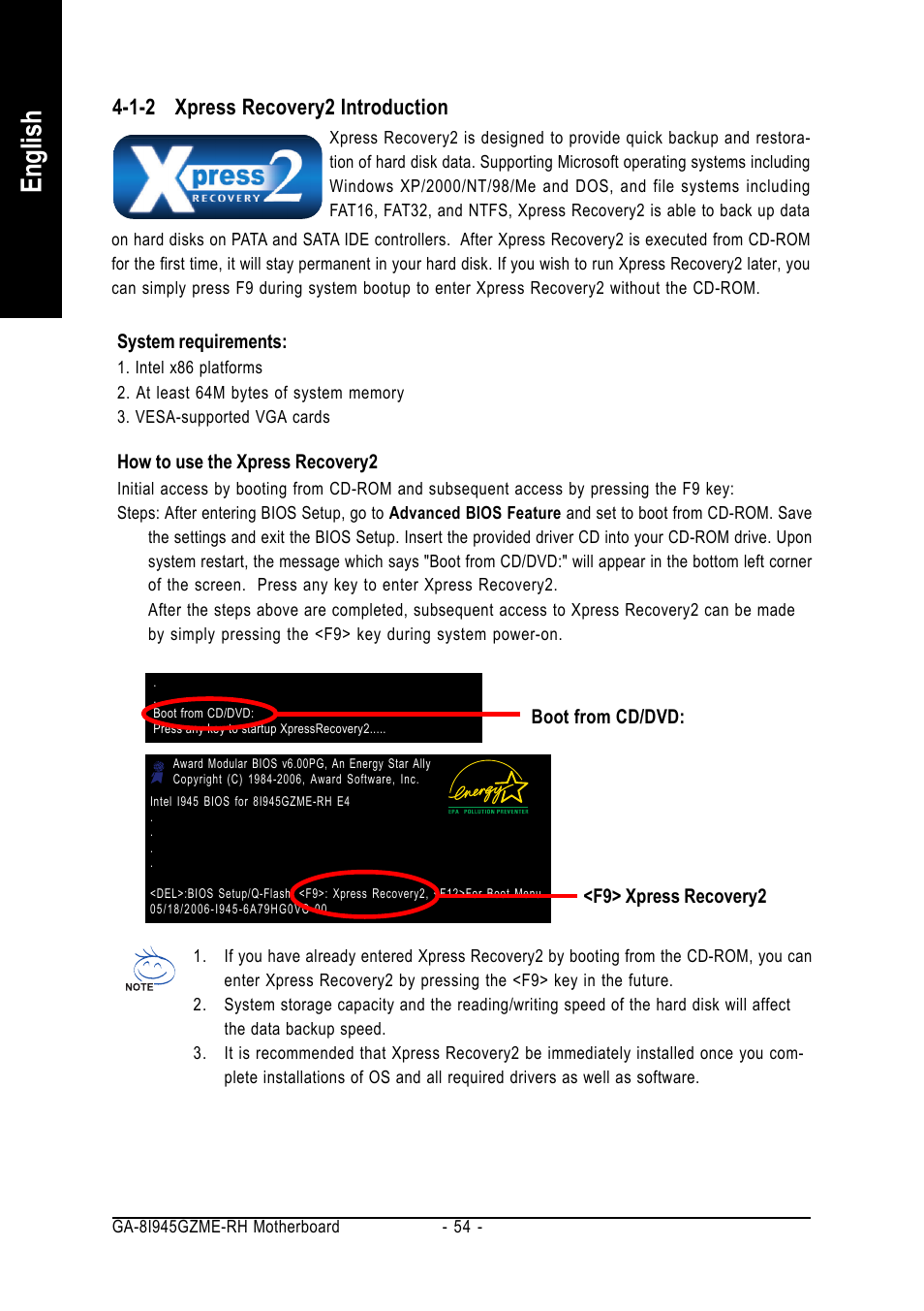 English, 1-2 xpress recovery2 introduction | Intel GA-8I945GZME-RH User Manual | Page 54 / 80