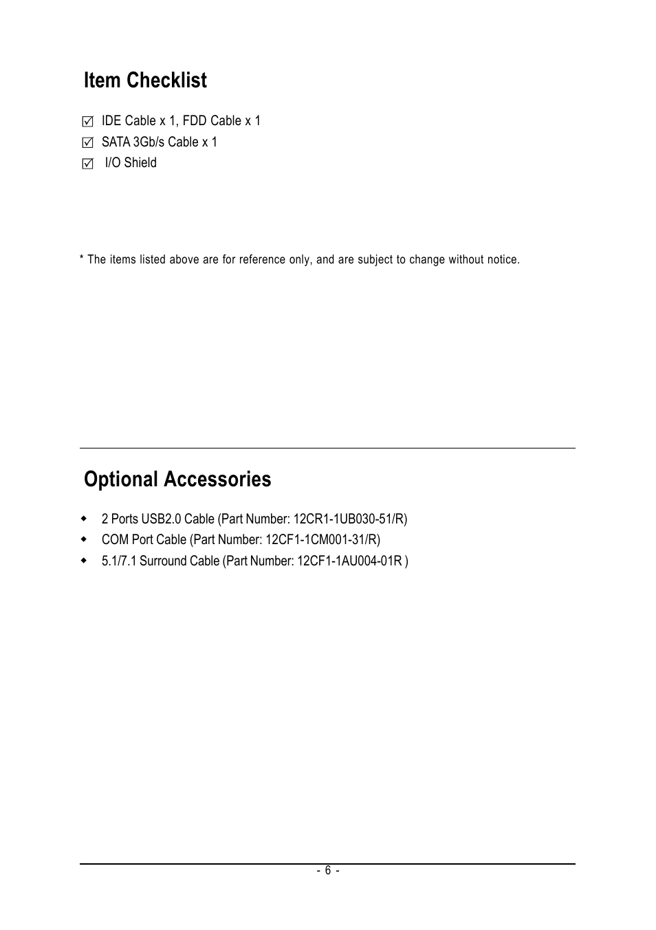 Item checklist, Optional accessories | Intel GA-8I945GZME-RH User Manual | Page 6 / 80