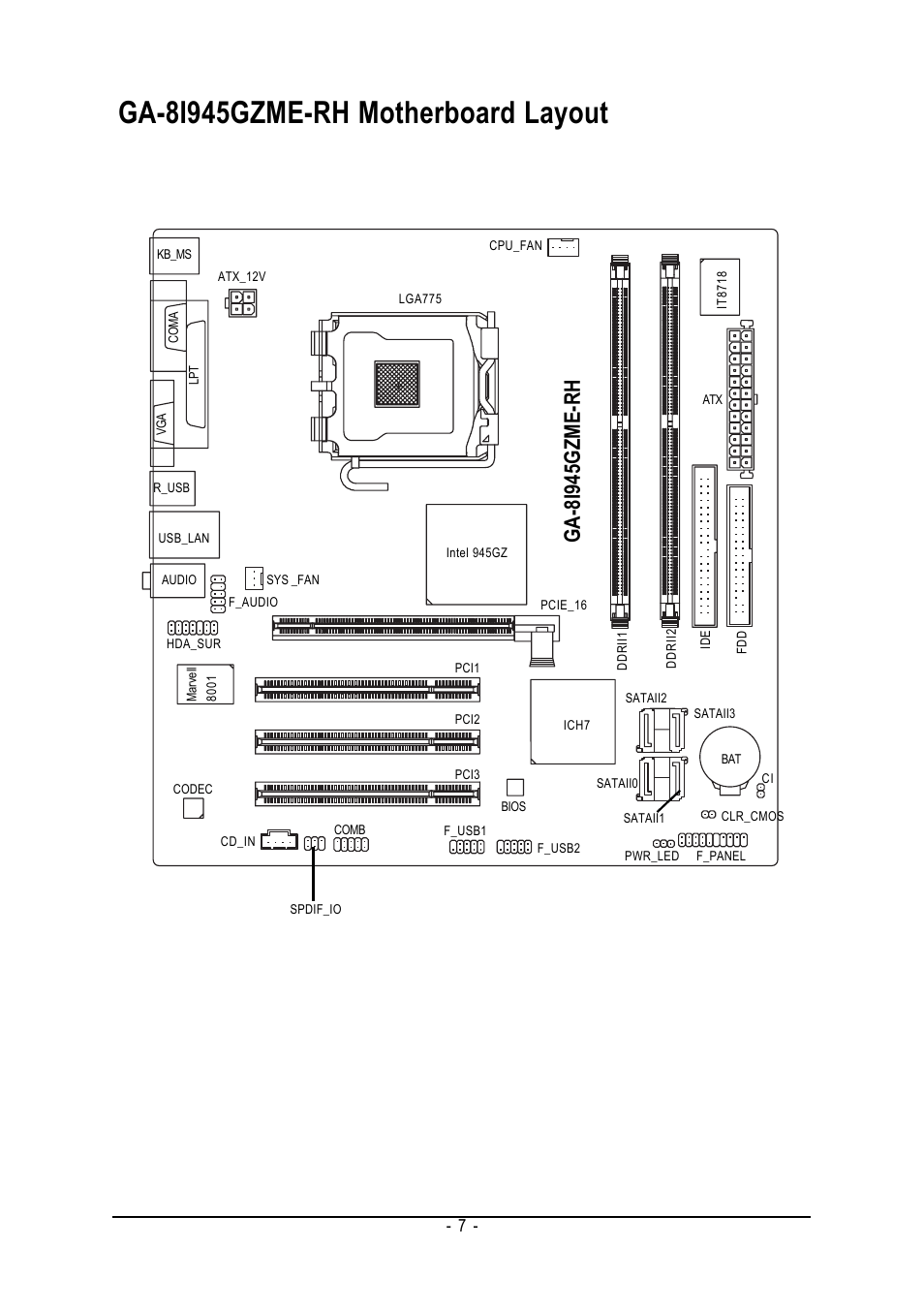 Ga-8i945gzme-rh motherboard layout, Ga-8i945gzme-rh | Intel GA-8I945GZME-RH User Manual | Page 7 / 80
