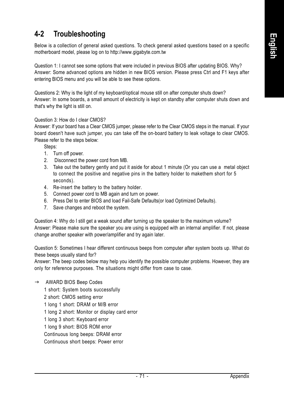 English, 2 troubleshooting | Intel GA-8I945GZME-RH User Manual | Page 71 / 80
