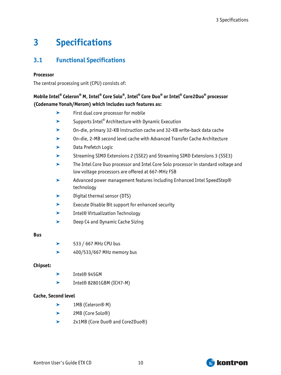 Specifications, Functional specifications, 3specifications | 1 functional specifications | Intel ETX CD User Manual | Page 10 / 91