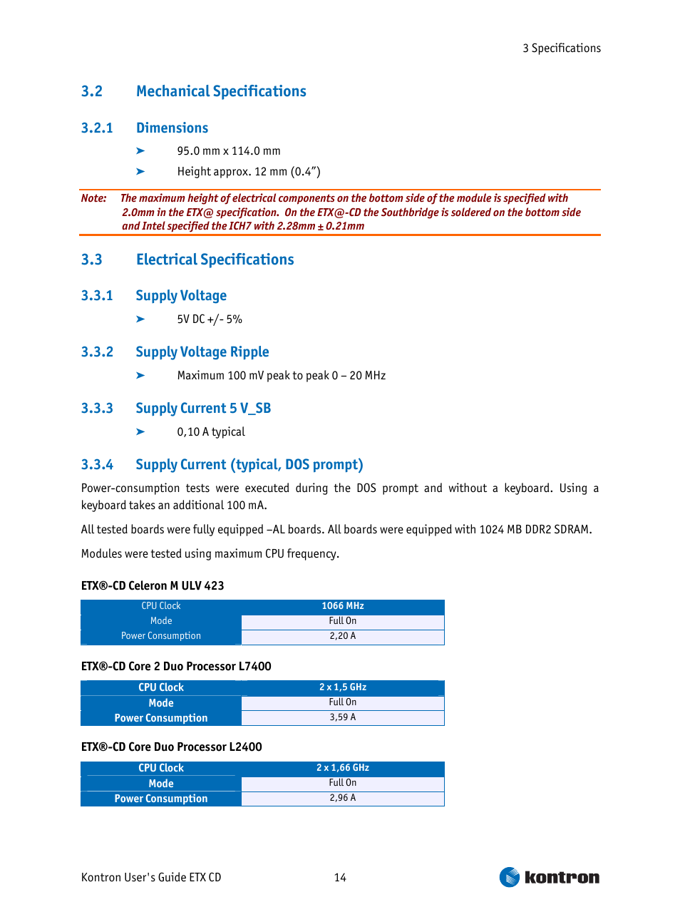 Mechanical specifications, Dimensions, Electrical specifications | Supply voltage, Supply voltage ripple, Supply current 5 v_sb, Supply current (typical, dos prompt), 2 mechanical specifications, 3 electrical specifications | Intel ETX CD User Manual | Page 14 / 91