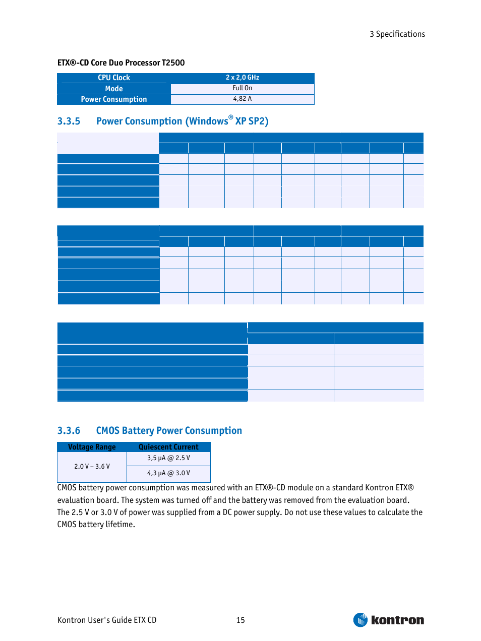 Power consumption (windows, Xp sp2), Cmos battery power consumption | 5 power consumption (windows, 6 cmos battery power consumption | Intel ETX CD User Manual | Page 15 / 91